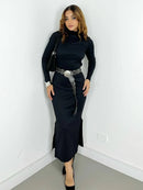 Vestido Feminino Midi em Ribana Manga Longa com Gola Adriana Ref. 1478