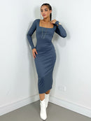 Vestido Feminino Midi em Ribana Manga Longa Decote Quadrado Eduarda Ref. 1462
