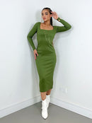 Vestido Feminino Midi em Ribana Manga Longa Decote Quadrado Eduarda Ref. 1462