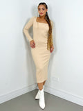 Vestido Feminino Midi em Ribana Manga Longa Decote Quadrado Eduarda Ref. 1462