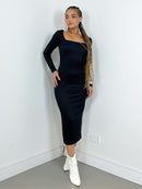 Vestido Feminino Midi em Ribana Manga Longa Decote Quadrado Eduarda Ref. 1462
