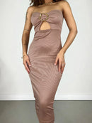 Vestido Feminino Midi em Ribana Sem Alça com Recorte e Fivela Barbara Ref. 1382