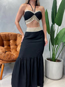 Conjunto Feminino em Viscolinho Saia Longa e Cropped Amarração Flavia Ref. 1294