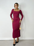 Vestido Feminino Midi em Ribana Manga Longa Decote Quadrado Eliana Ref. 1498