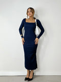 Vestido Feminino Midi em Ribana Manga Longa Decote Quadrado Eliana Ref. 1498