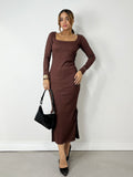 Vestido Feminino Midi em Ribana Manga Longa Decote Quadrado Eliana Ref. 1498