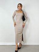 Vestido Feminino Midi em Ribana Manga Longa Decote Quadrado Eliana Ref. 1498
