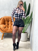 Body em Tule Xadrez Manga Longa com Gola Helen Ref. 1514