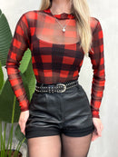 Body em Tule Xadrez Manga Longa com Gola Helen Ref. 1514