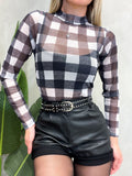 Body em Tule Xadrez Manga Longa com Gola Helen Ref. 1514