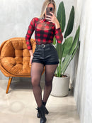 Body em Tule Xadrez Manga Longa com Gola Helen Ref. 1514