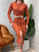 Vestido Midi em Ribana Manga Longa Plissado com Recorte Fabiana Ref. 1542