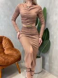 Vestido Midi em Ribana Manga Longa Plissado com Recorte Fabiana Ref. 1542