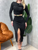 Vestido Midi em Ribana Manga Longa Plissado com Recorte Fabiana Ref. 1542
