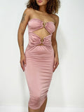 Vestido Feminino Midi em Suplex Sem Alça com Recorte Duplo e Argolas Samira Ref. 1394