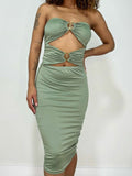 Vestido Feminino Midi em Suplex Sem Alça com Recorte Duplo e Argolas Samira Ref. 1394