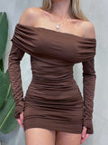 Vestido Curto em Suplex Manga Longa Ombro a Ombro Plissado Nayara Ref. 858