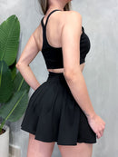 Conjunto Fitness em Poliamida Top Nadador e Shorts Saia Plissado Camila Ref. 1611