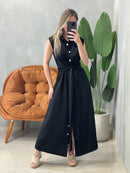 Vestido Longo em Alfaiataria Sensoriale com Botões e Amarração Juliete Ref. 1658