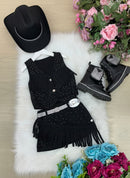 Kit Conjunto Blogueirinha Boiadeira Maraisa Jeans Preto + Chapeu
