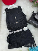 Kit Conjunto Blogueirinha Boiadeira Maraisa Jeans Preto + Chapeu