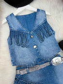 Kit Conjunto Blogueirinha Boiadeira Jeans + Chapéu