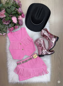 Kit Conjunto Blogueirinha Boiadeira Jeans Rosa + Chapéu