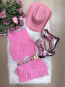 Kit Conjunto Blogueirinha Boiadeira Jeans Rosa + Chapéu