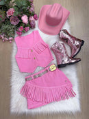 Kit Conjunto Blogueirinha Boiadeira Jeans Rosa + Chapéu