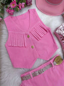 Kit Conjunto Blogueirinha Boiadeira Jeans Rosa + Chapéu