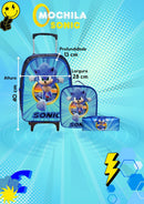 Kit Mochila Rodinhas + Lancheira + Estojo Sonic