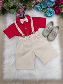 Conjunto Miss Cherry Henry Vermelho Suspensorio Bege
