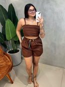 Conjunto em Alfaiataria Cropped de Alça e Shorts com Cinto Anieli Ref. 1743