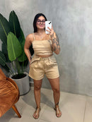 Conjunto em Alfaiataria Cropped de Alça e Shorts com Cinto Anieli Ref. 1743
