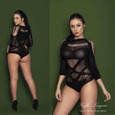 Body sensual manga longa sem decote com detalhes vazados em toda a peça - YAFFA Lingerie