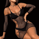 Vestido Fishnet com Mangas Longas, Tecido de Alta Elasticidade, Cor Sólida, Malha em Poliamida
