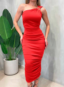 Vestido Midi em Malha Romantic Ombro Único Plissado Eva Ref. 1582
