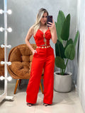 Conjunto em Alfaiataria Cropped de Alça com Recortes e Calça Pantalona Andreia Ref. 1827