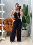 Conjunto em Alfaiataria Cropped de Alça com Recortes e Calça Pantalona Andreia Ref. 1827