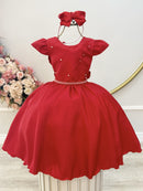 Vestido Infantil Vermelho Busto C/ Nervuras Flores Festas Luxo
