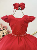 Vestido Infantil Vermelho Busto C/ Nervuras Flores Festas Luxo