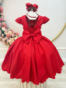 Vestido Infantil Vermelho Busto C/ Nervuras Flores Festas Luxo