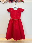 Vestido Infantil Vermelho Busto C/ Nervuras Flores Festas Luxo