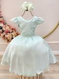 Vestido Infantil Verde Menta Busto C/ Nervuras Flores Festas