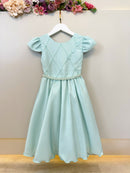 Vestido Infantil Verde Menta Busto C/ Nervuras Flores Festas