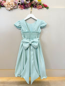 Vestido Infantil Verde Menta Busto C/ Nervuras Flores Festas