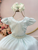 Vestido Infantil Verde Menta Busto C/ Nervuras Flores Festas