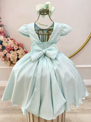 Vestido Infantil Verde Menta Busto C/ Nervuras Flores Festas