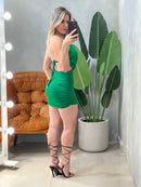 Vestido Curto em Malha Romantic Costas Nua Plissado com Argola Edvania Ref. 1846