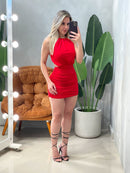 Vestido Curto em Malha Romantic Costas Nua Plissado com Argola Edvania Ref. 1846